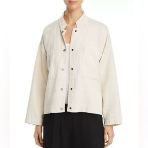 Eileen Fisher Organic Cotton Textured Mandarin Collar Snap Shacket Ivory PS